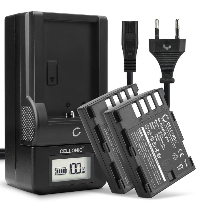 Pack de 2x batteries DMW-BLF19 DMW-BLF19e DMW-BLF19pp 2000mAh pour appareil photo Panasonic GH5 Lumix DC-GH5s DMC-GH4 GH4 GH4r GH4h GH3 GH3h GH3a G9 DC-G9 - Avec chargeur DMW-BTC10 et câble d'alimentation