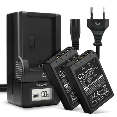 Pack de 2x batteries BCS-1 BCS-5 1000mAh pour appareil photo Olympus Pen E-PL7, OM-D E-M10 Mark II, Olympus Stylus 1, Pen E-PL6, E-450, E‑P3 - Avec chargeur BLS-5 BLS-50 et câble d'alimentation