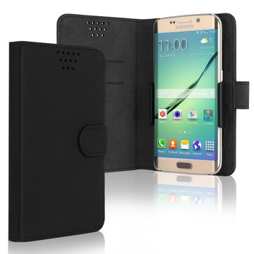 Étui de protection Cuir PU noir pour Smartphones (16.3cm x 8.5cm x 1cm) - coque à clapet pour téléphone avec porte-cartes de haute résistance et compatible rechargement sans fil