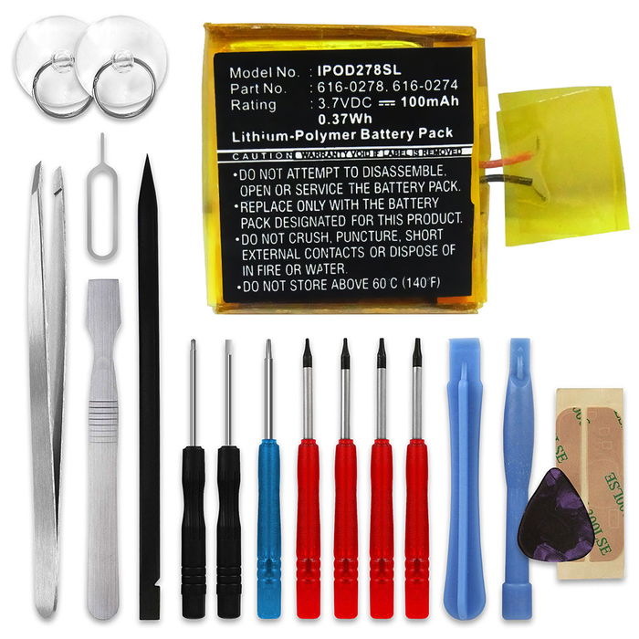 Apple iPod Shuffle 2 Gen. - A1204 Batterie + kit d'outils 100mAh de subtel