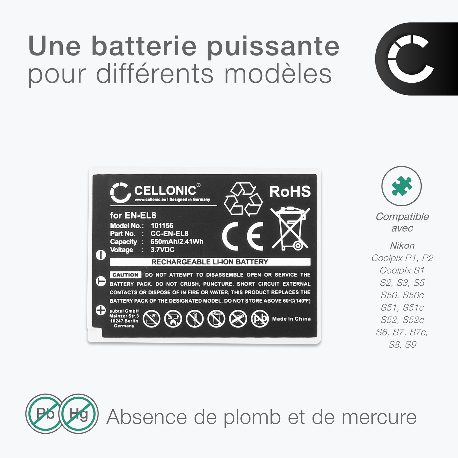 1.9Wh Batterie pour Nikon COOLPIX P1