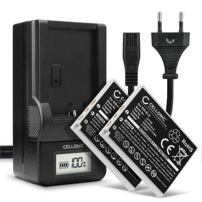 Pack de 2x batteries EN-EL8 600mAh pour appareil photo Nikon Coolpix P1 P2 Coolpix S1 S2 S3 S5 s50 S50c S51 S51c S52 S52c S6 S7 S7c S8 S9 - Avec chargeur et câble d'alimentation