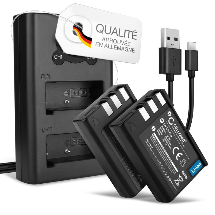 2x Nikon MH-23 Batterie + Chargeur Double 1000mAh de CELLONIC