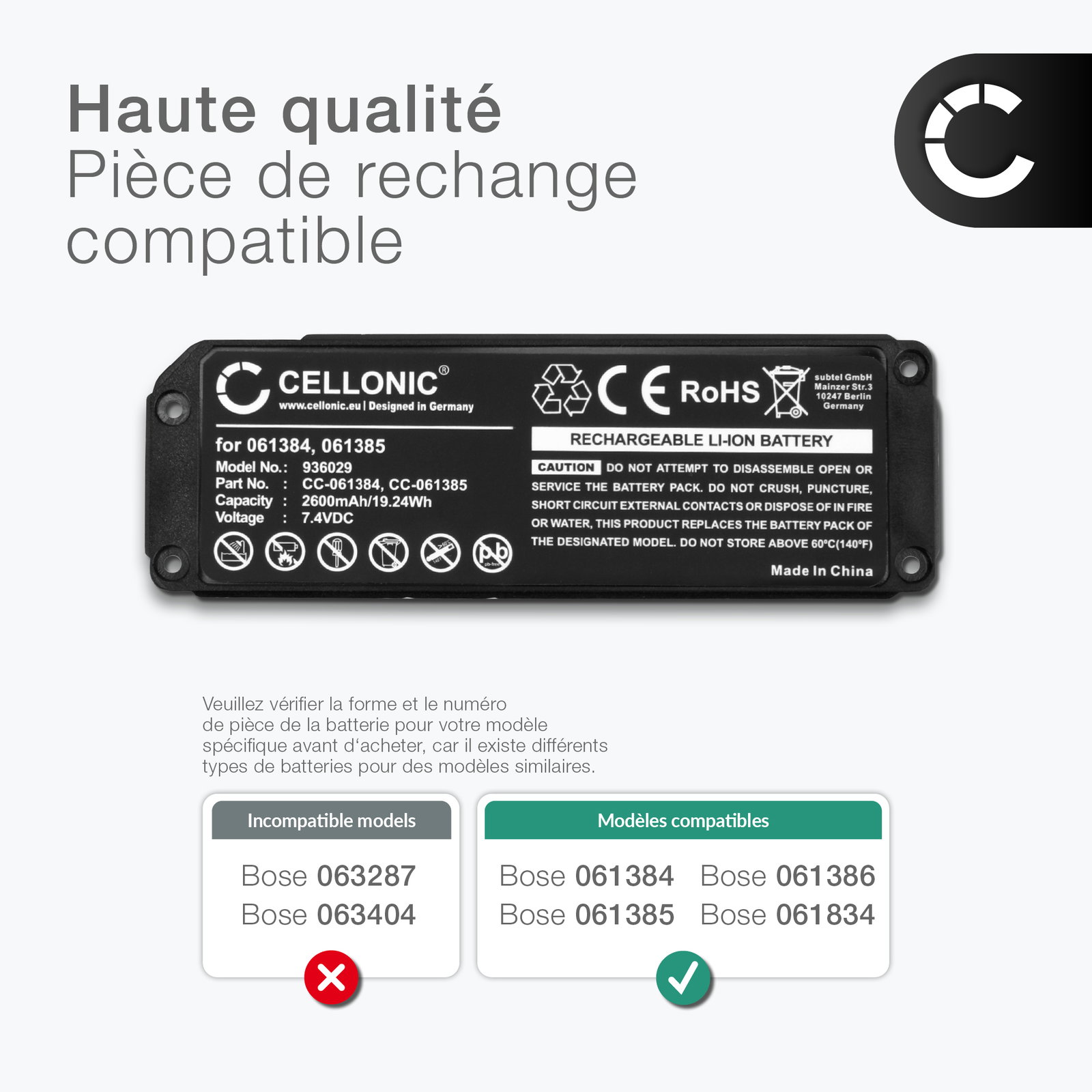 Batterie compatible 2230mAH 7.4V 063404 pour BOSE SOUNDLINK Mini I Series