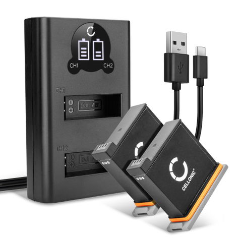 2x Battery for DJI Osmo Action 1; CP.OS.00000020.01 AB1, P01, PT1 (1220mAh, 3.85V) + Dual Charger from CELLONIC