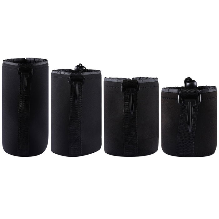 4x Camera Lens Pouch Set - Padded Drawstring Lens Cases in 4 Sizes for Canon, Nikon, Sony Camera / DSLR Lenses - Waterproof Neoprene Travel Lens Protector Bags - Black