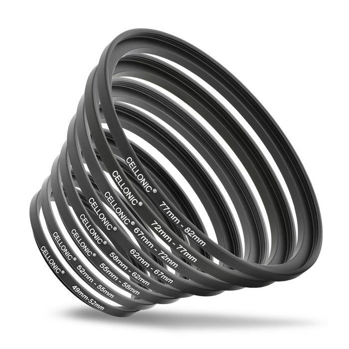 CELLONIC 8-Piece Step Up Ring Set – Lens Filter & Hood Stepping Up Adapter Ring Mount Adapter Kit 49-52mm, 52-55mm, 55-58mm, 58-62mm, 62-67mm, 67-72mm, 72-77mm, 77-82mm