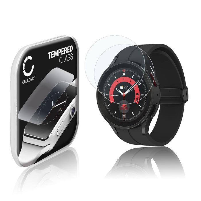 2x CELLONIC Screen Protector for Samsung Galaxy Watch 5 Pro Fitness Tracker Smart Watch Face Protector - 2.5D 0,30mm Full Glue 9H Tempered Glass Display Cover Crystal Clear