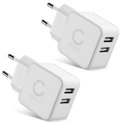 2x 2 Port USB Charger EU-Plug 5V 3.4A 17W Fast Smart Charging Mains Wall USB Adapter Outlet Socket 100V-240V for Mobile Phone, Tablet, Speakers, Powerbank - White