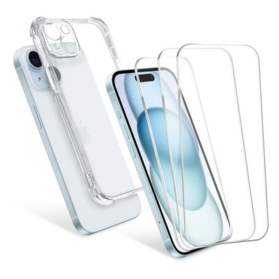Kit 1x Coque transparente et 3x protection écran iPhone 15 Plus CELLONIC - Coque de protection 6,7" pour téléphone et écran de protection verre trempé 9H ultra-fin 0,33 mm