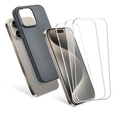 Kit 1x Coque noire et 3x protection écran iPhone 15 Pro Max CELLONIC - Coque de protection 6,7" pour smartphone et écran de protection verre trempé 9H ultra-fin 0,33 mm