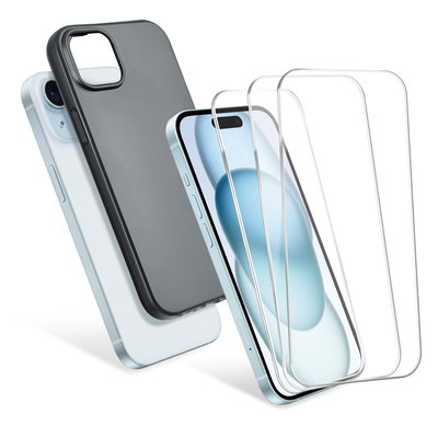 Kit 1x Coque en TPU noir et 3x protection écran iPhone 15 Plus CELLONIC - Coque de protection 6,7" pour smartphone et écran de protection verre trempé 9H ultra-fin 0,33 mm