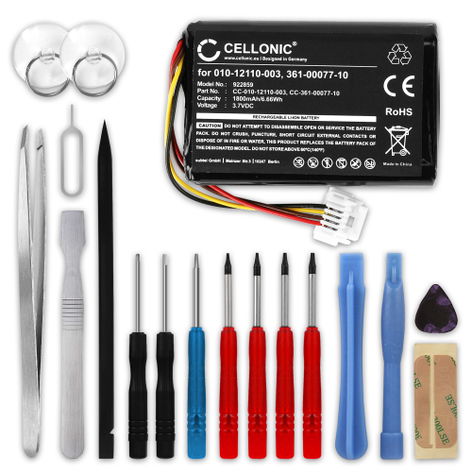 Batterie pour GPS Garmin Zumo 590, 590LM, 595, 595LM; 010-01603-10 361-00077-10 (1800mAh, 3.7V) + kit d'outils 17pcs de CELLONIC