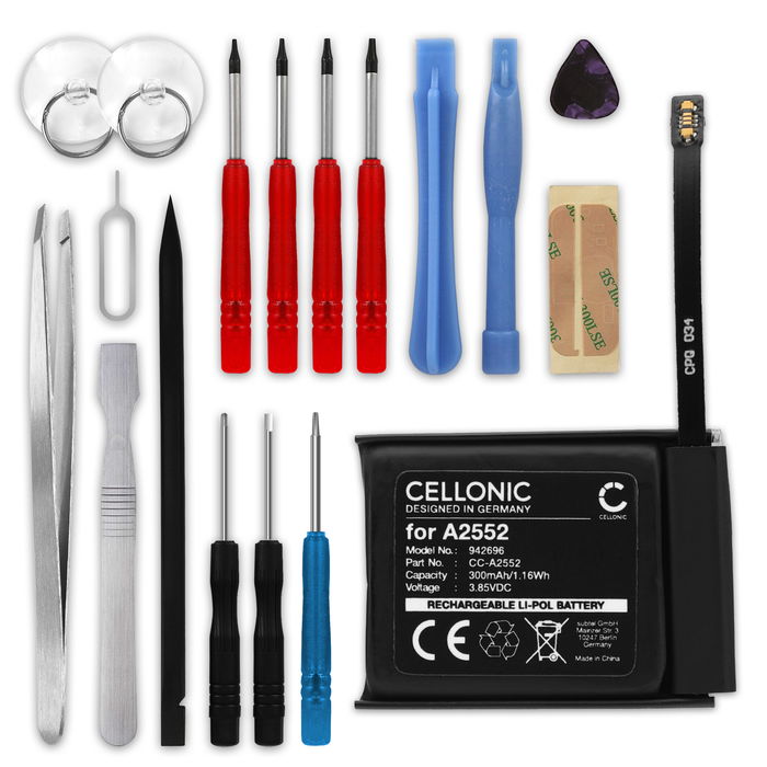 Apple Watch 7 - 45mm Batterie 3.85V 300mAh + kit d'outils 17pcs de Cellonic