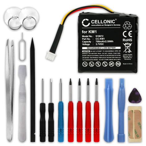 Batterie pour GPS TomTom Via 130, Live, Live 120; 4EH44; 4EN42 6027A0117401, KM1, XLHS416 XLHS416*08338 (700mAh, 3.7V) + kit d'outils 17pcs de subtel
