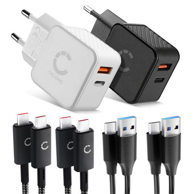 CELLONIC Kit de Voyage &ndash; 2x Chargeur Double USB-C & USB + 4x C&acirc;ble de Charge pour Smartphone, Ordinateur Portable, GPS, Tablette, Enceinte, Montre Connect&eacute;e, etc. &ndash; 2x Chargeur Rapides USB PD 20W en Noir et Blanc