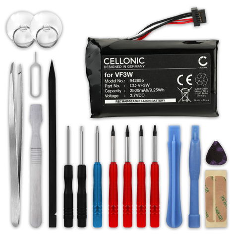 Batterie pour GPS TomTom Rider 500, 420, 450, 42; 4GE40 LHA11133000, VF3W, LHA11138000 (2500mAh, 3.7V) + kit d'outils 17pcs de CELLONIC
