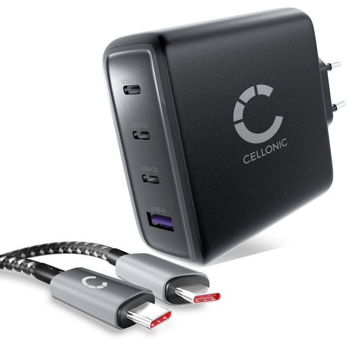 CELLONIC Chargeur USB C 140W GaN – Adaptateur secteur 4 ports (3x USB-C 140W/100W/20W + 1x USB-A 18-22.5W) avec Power Delivery, compatible MacBook, iPhone, iPad, Samsung Galaxy – compact et voyage
